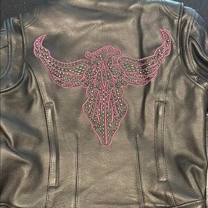 Women's Black Leather Jacket with PurpleEmbroidery